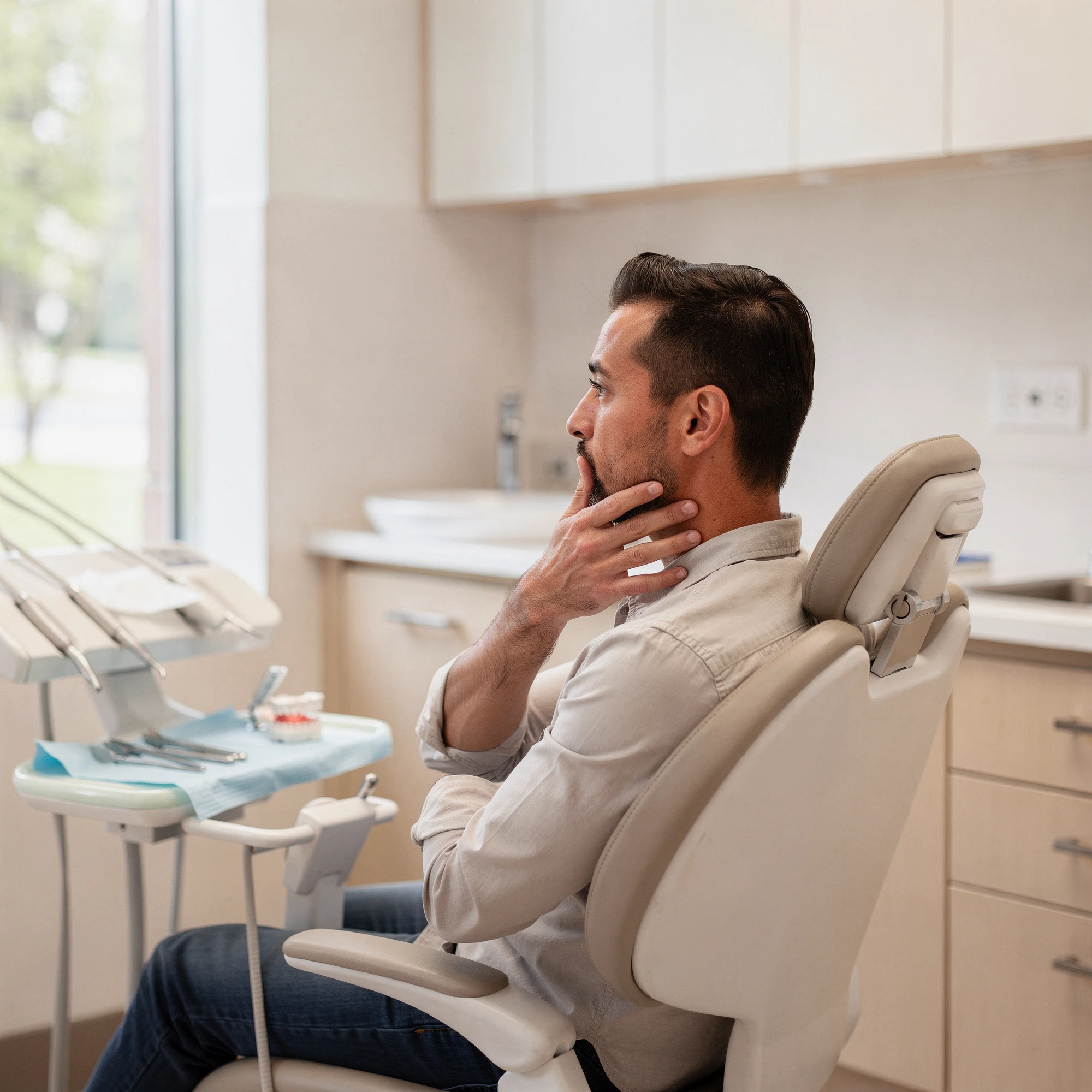 Patient in dental chair holding his cheek in discomfort during emergency dental visit